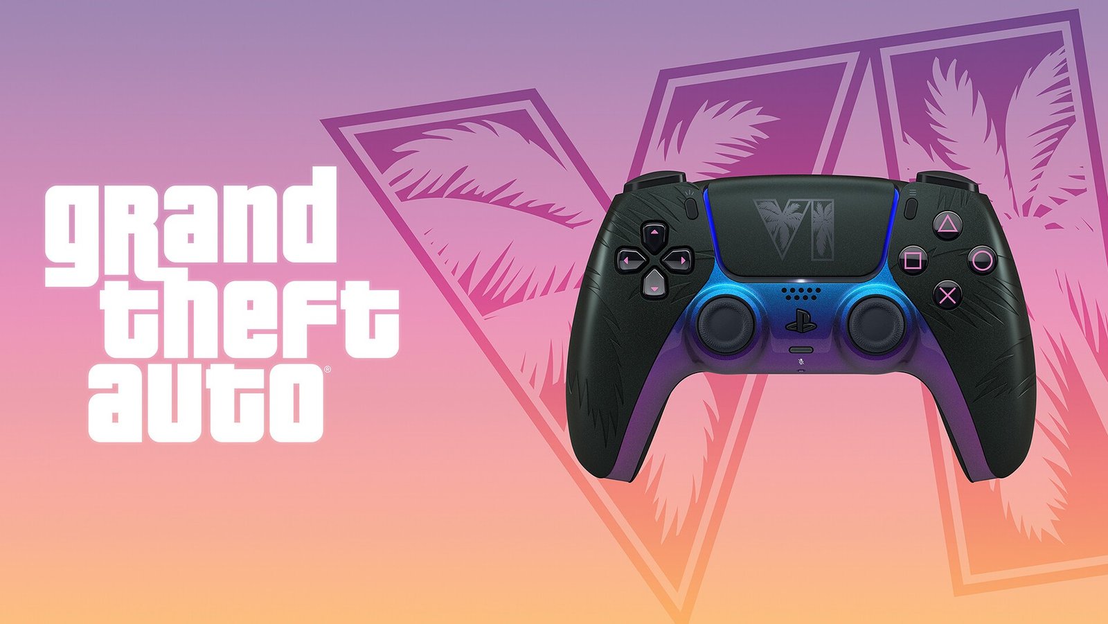Grand Theft Auto VI limited-edition black and white DualSense wireless controllers displayed against a tropical Vice City-themed background.