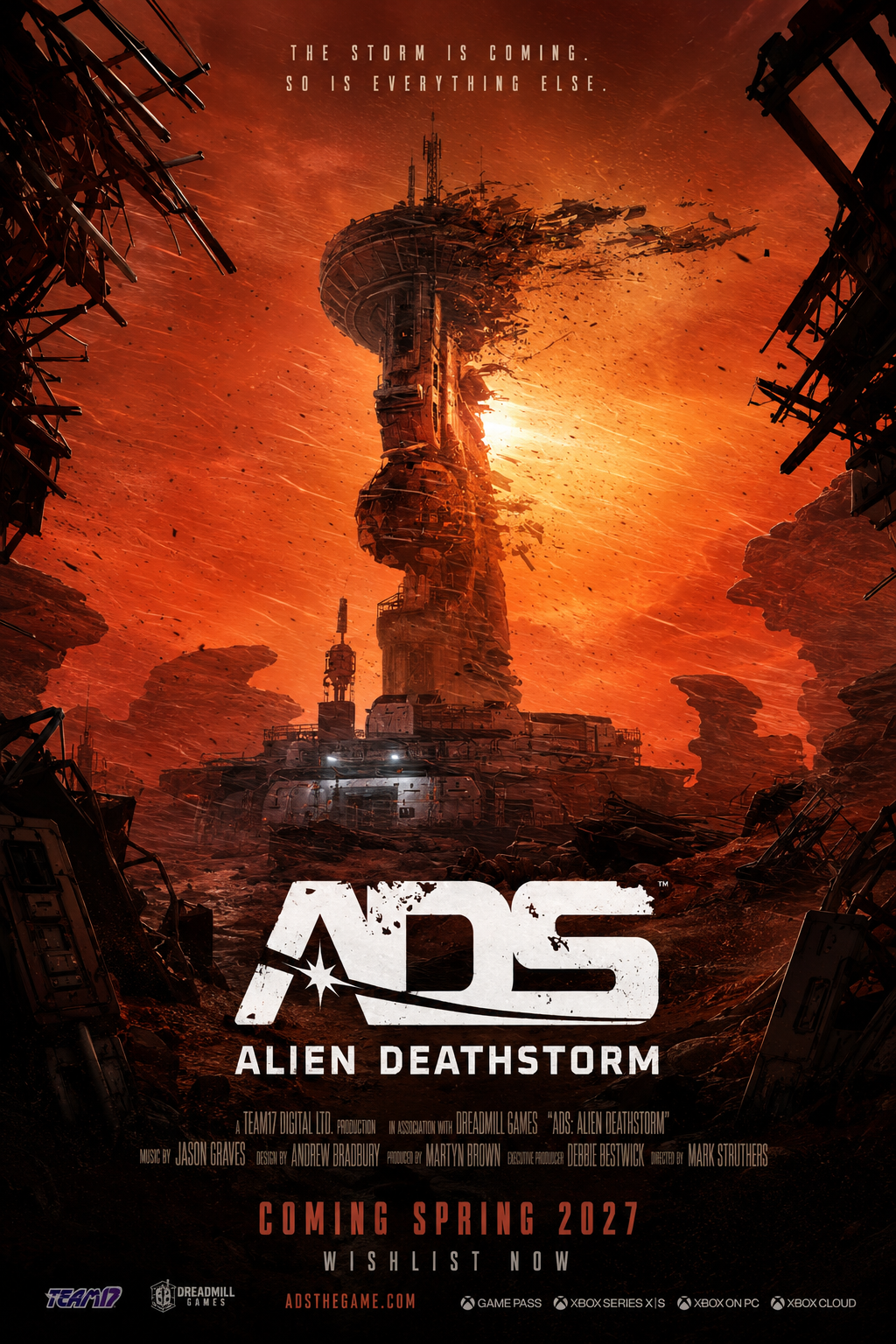 Alien Deathstorm Combat Engineer fighting hostile alien creatures inside a devastated off-world colony during a catastrophic planetary storm.