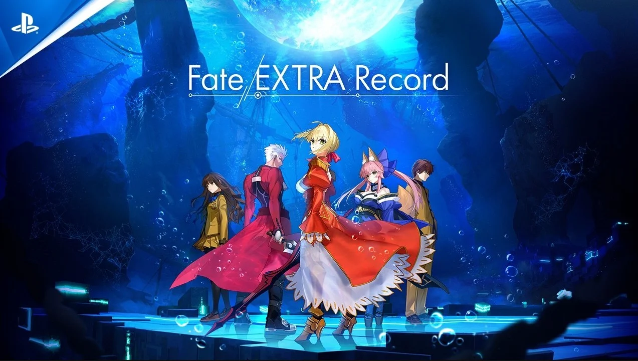 Fate/EXTRA Record cover art featuring Nero Claudius in a red dress at center, surrounded by other Servants and characters against a deep blue underwater-like backdrop with a glowing moon above